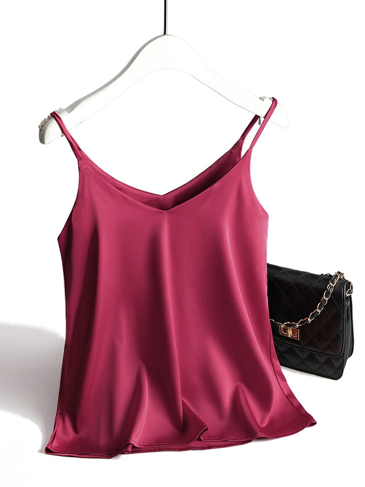 Spaghetti Strap Halter V Neck Sleeveless Satin Silk Tank Top