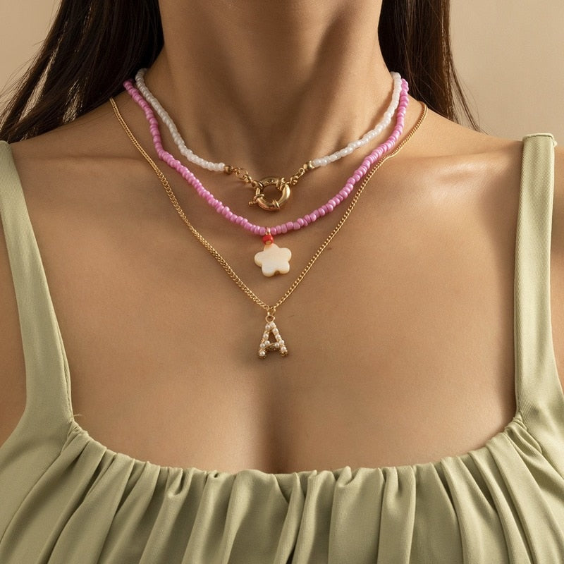 Bohemian Colorful Beads Shell Heart Layered  Necklace For Women