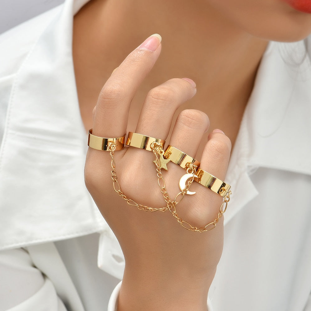 Simple Link Connected Gold plated Wide Finger Ring Bracelet