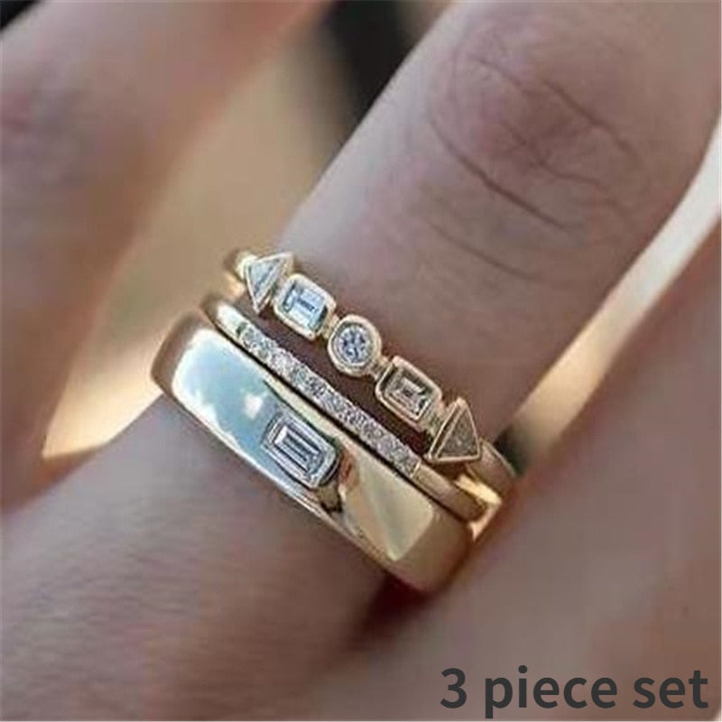 4 pcs/set Geometric Gold Color Combination Round Zircon Crystal Ring