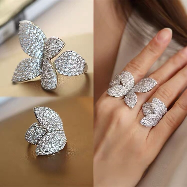 Big Silver Color Flower Leaf Adjustable Ring with Bling Zircon Stone