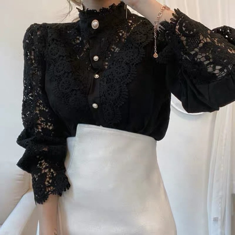 Vintage Solid White Lace Blouse Shirts Women Button Loose Shirt Top