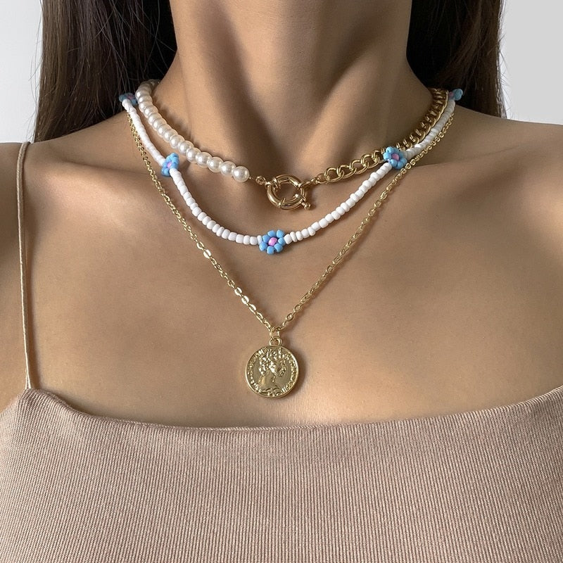 Bohemian Colorful Beads Shell Heart Layered  Necklace For Women