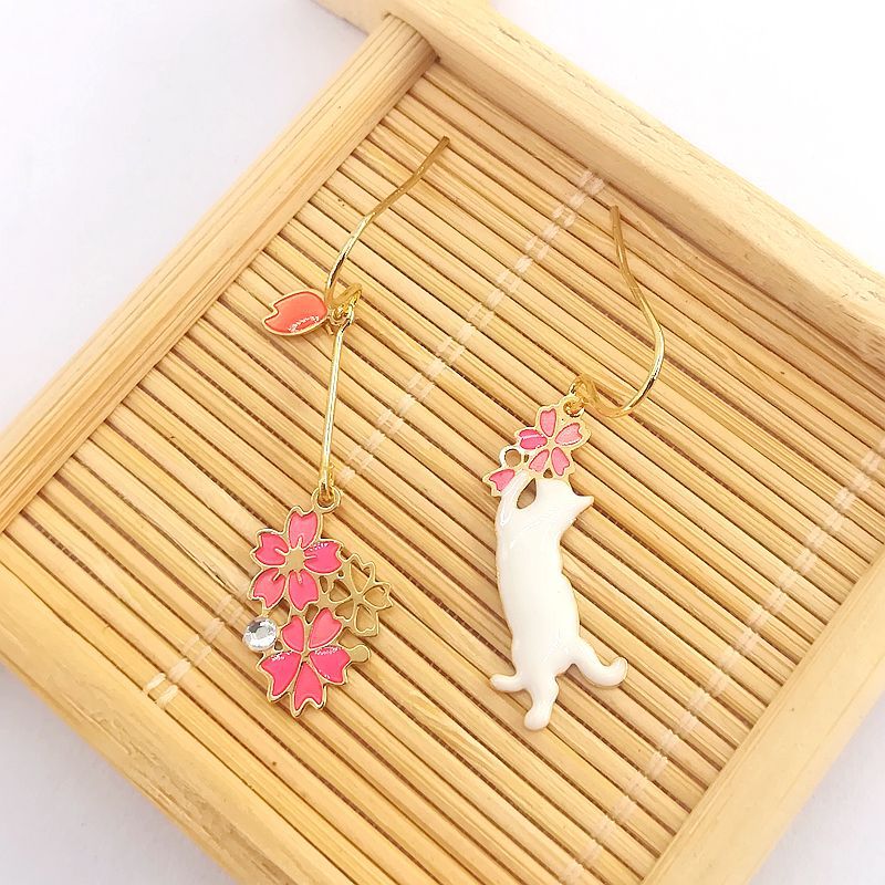 Animal Cat Cherry Blossoms Asymmetrical Earring Party Kitten Jewelry Gifts