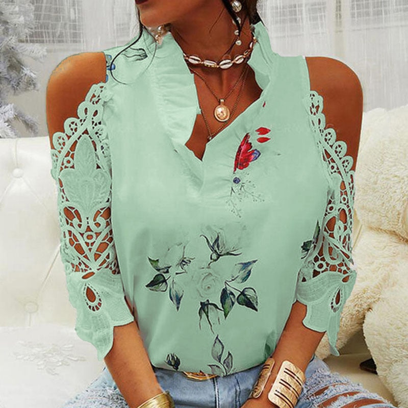 Sexy Hollow Out Printed V-Neck Elegant Short Sleeve Lace Shirt