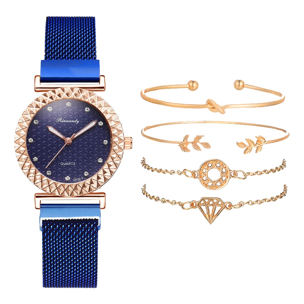 5PCS Women Set Luxury Rose Gold Dress Quartz Watch Bracelet