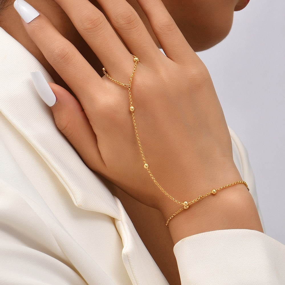 Simple Link Connected Gold plated Wide Finger Ring Bracelet