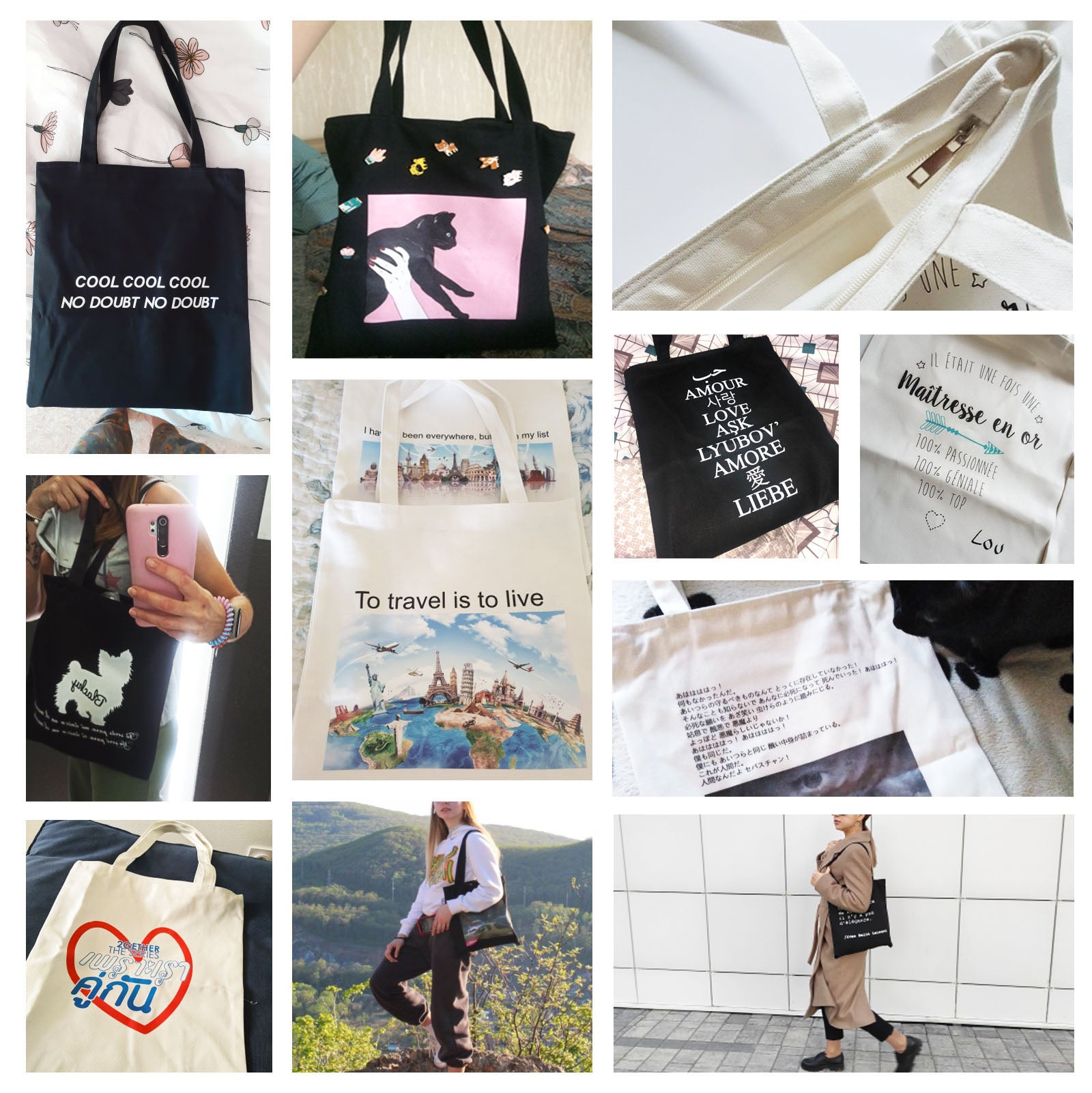 Custom Original Design White Zipper Unisex Canvas Bags