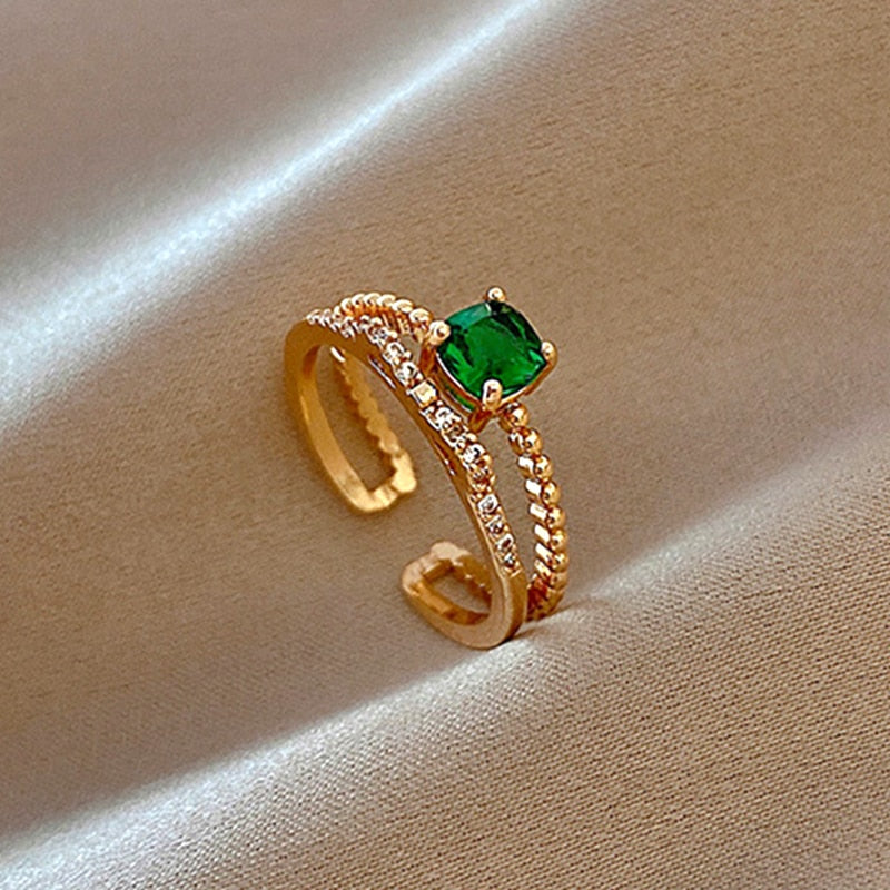 Trendy Fine 14k Real Gold Emerald Opening Rings for Women Adjustable Design High Quality Jewelry Anniversary Weddings Party Gift