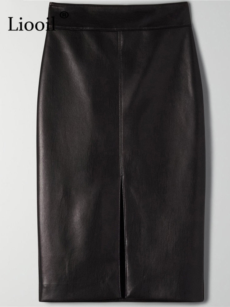Liooil Women Faux Leather Slit Pencil Office Skirt