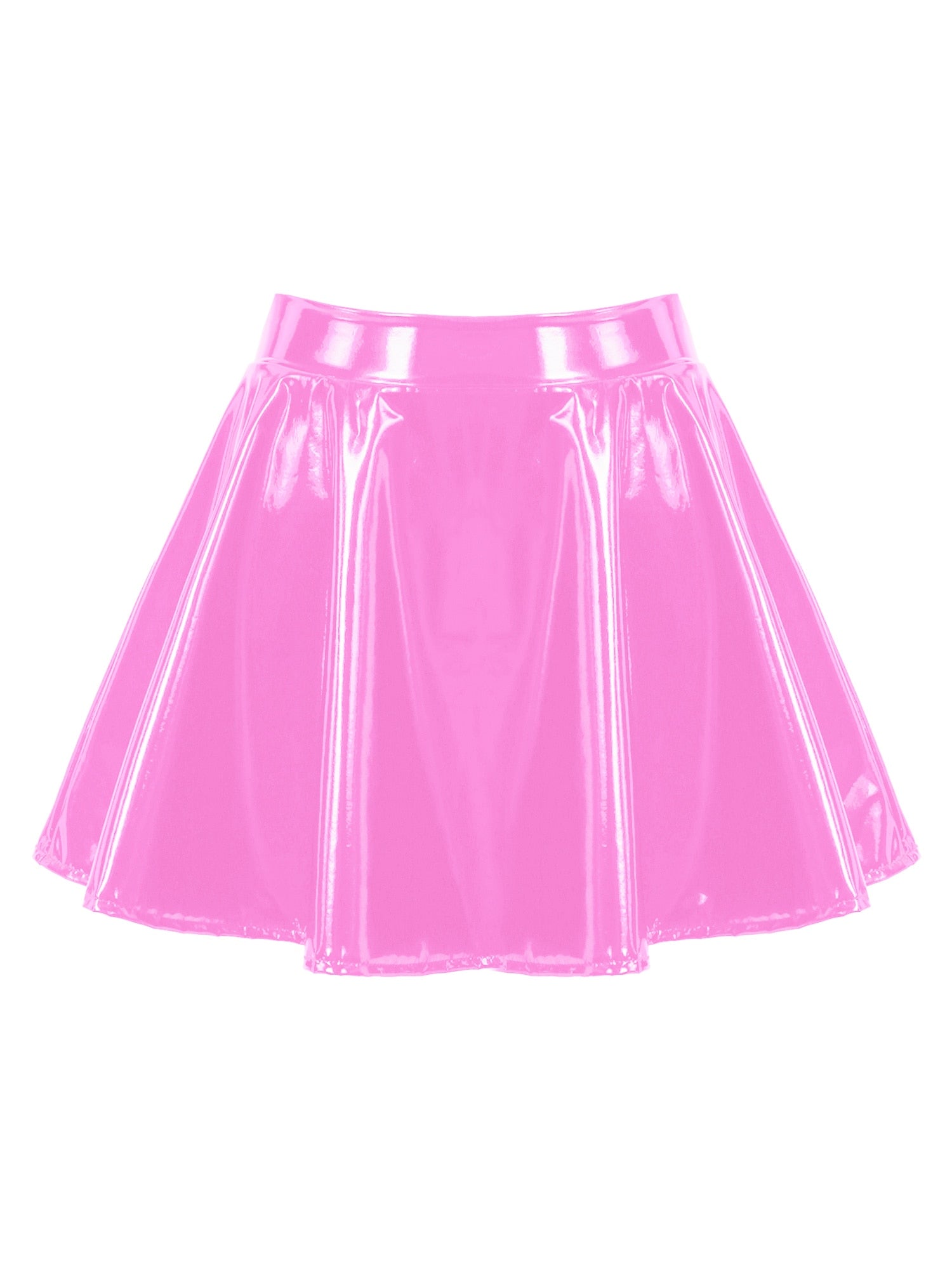 Womens Invisible Zipper A-Line Short Glossy Patent Leather Flared Mini Skirt