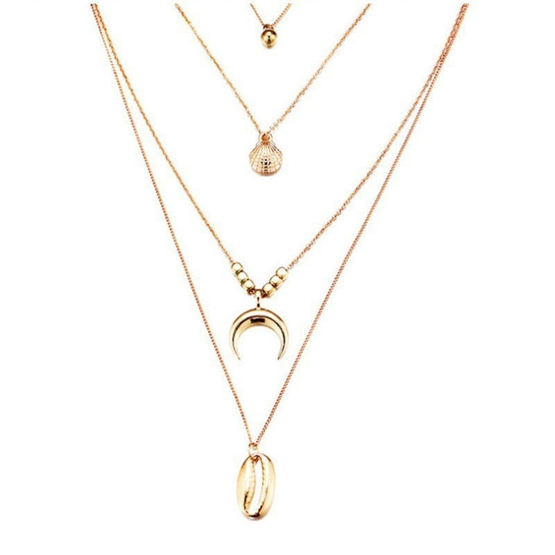 Bohemian Colorful Beads Shell Heart Layered  Necklace For Women