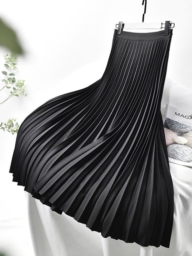 Elegant Chic Solid Pleated High Waist Skirt