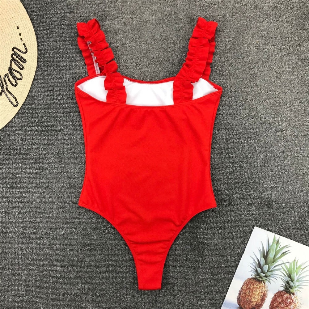 Vintage One Piece Ruffled Push Up Solid Red Swimwear
