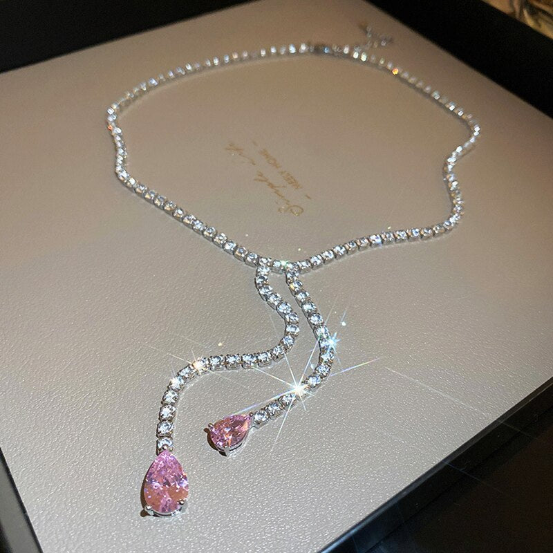 UILZ Sweet Pink Heart Zircon Choker Necklace
