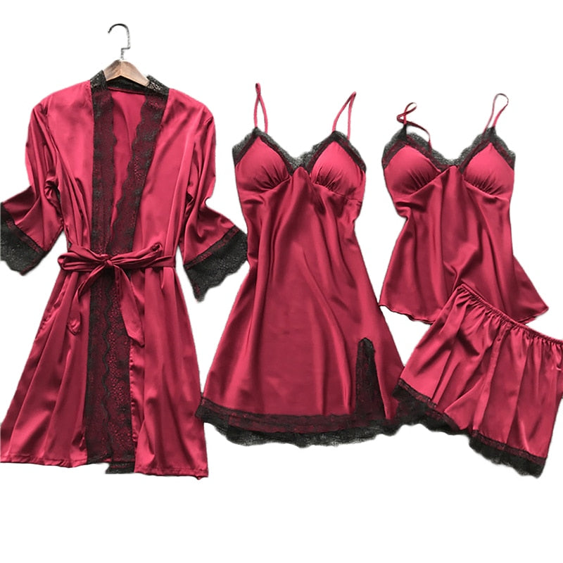 Silk 4-piece Nightwear Ladies Solid Color Strap Lace Pajamas with Chest Pads