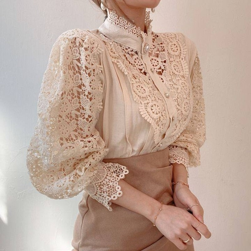 Vintage Solid White Lace Blouse Shirts Women Button Loose Shirt Top