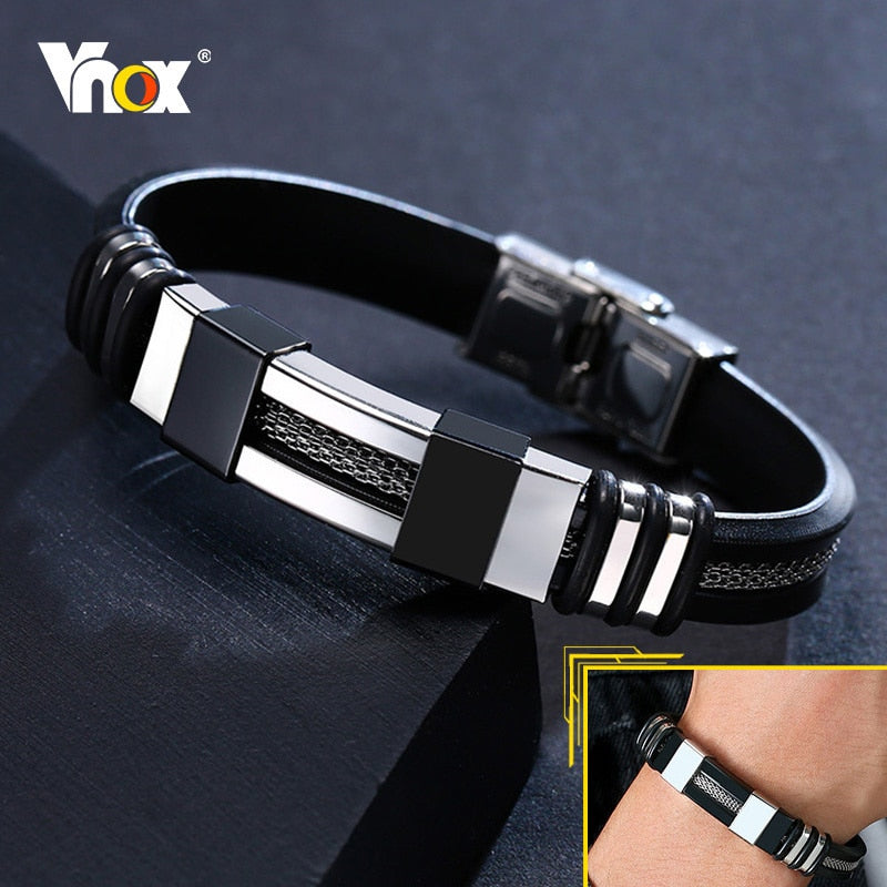Black Grooved Rudder Silicone Mesh Link Stainless Steel Bracelet