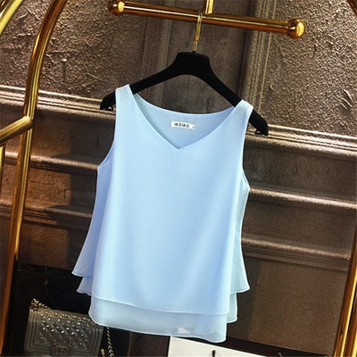 Summer Sleeveless Chiffon Shirt Solid V-neck Casual Blouse