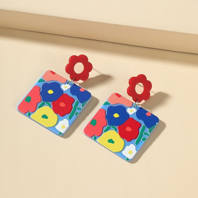 Retro Acrylic Flower Temperament Contrast Color Square Earrings