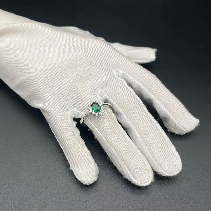 HuiSept 925 Silver Oval Emerald Ruby Zircon Gemstones Ornaments Finger Ring
