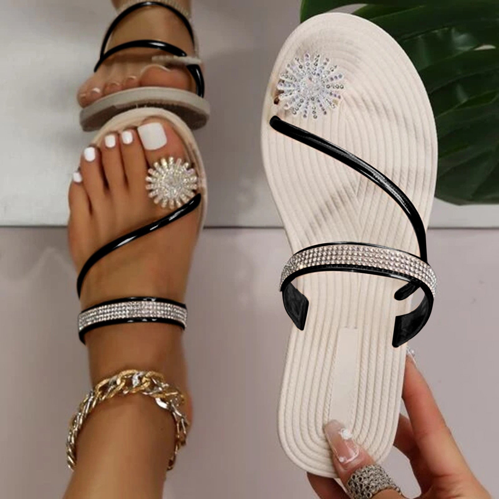 Pearl Set Toe Elastic Sandals Flat Strap Slippers