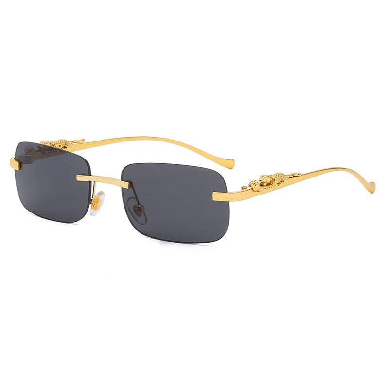 New Rimless Rectangle Vintage Metal Leopard Head Sunglasses