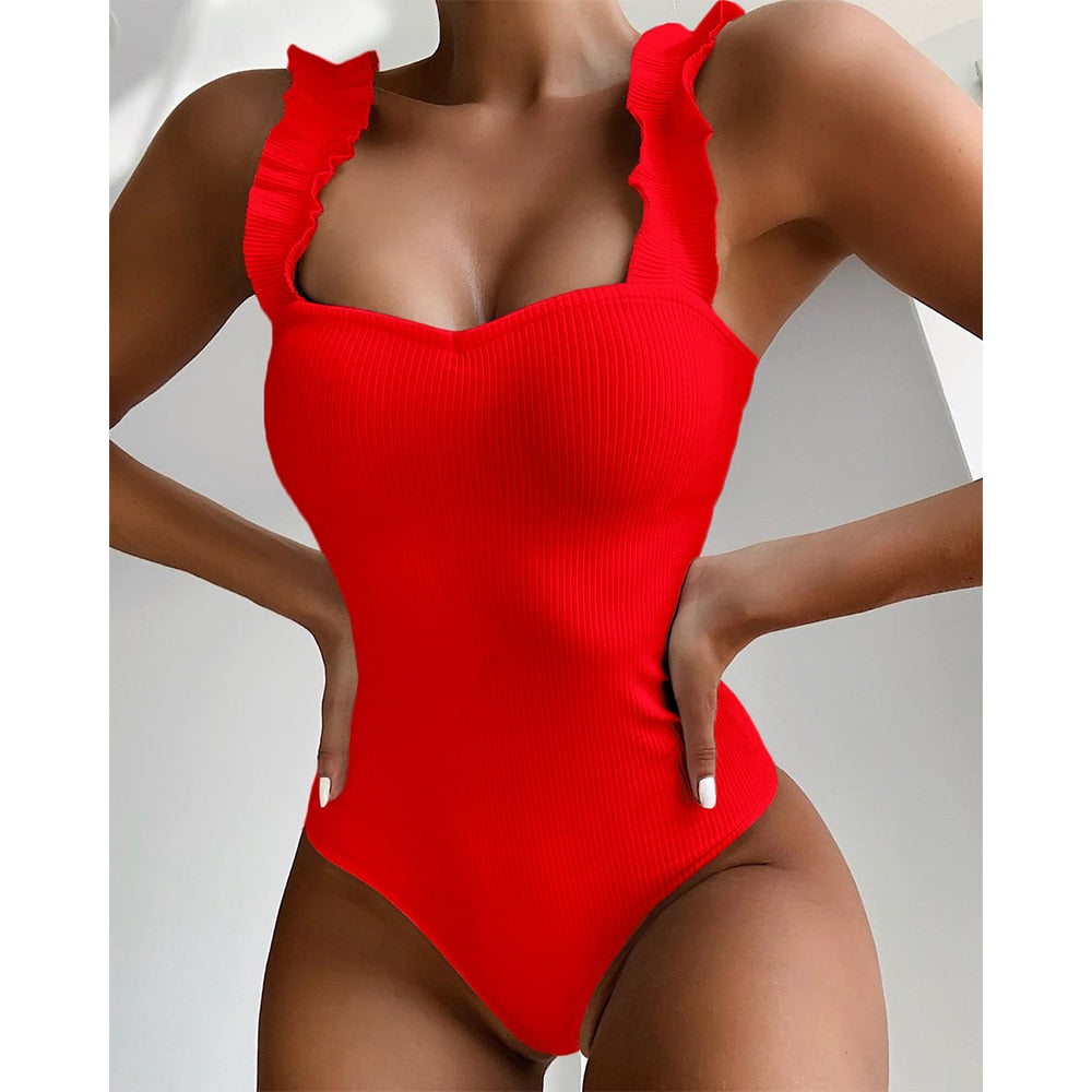 Vintage One Piece Ruffled Push Up Solid Red Swimwear