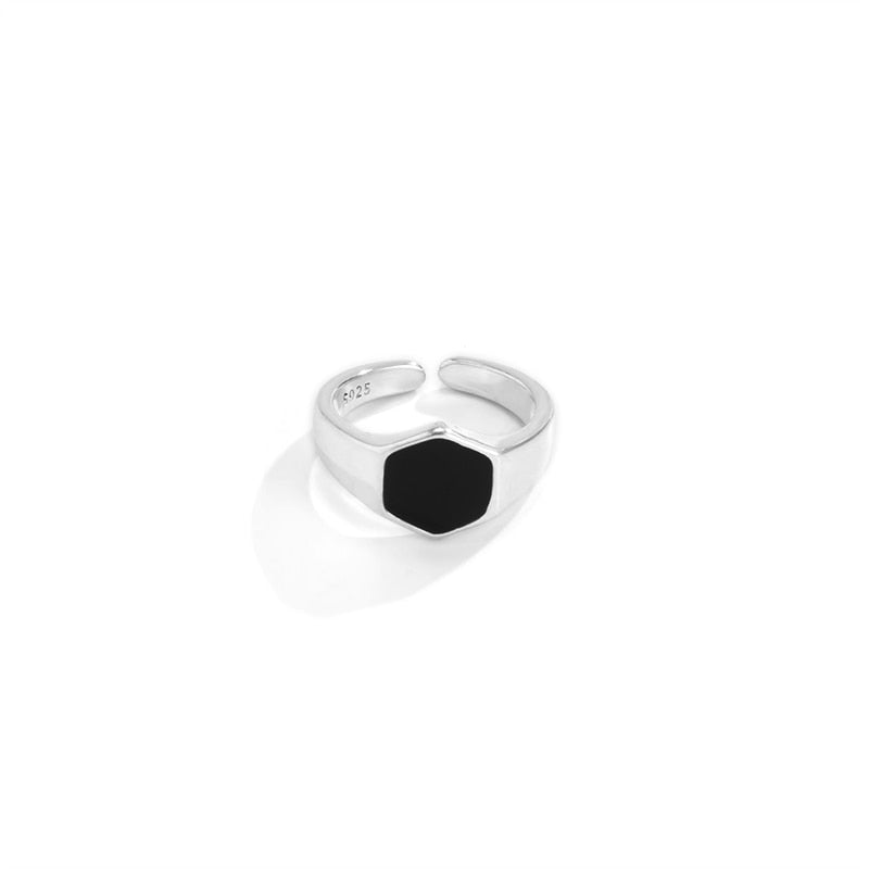 Simple Retro Hexagonal Black Glossy Adjustable Metal Ring