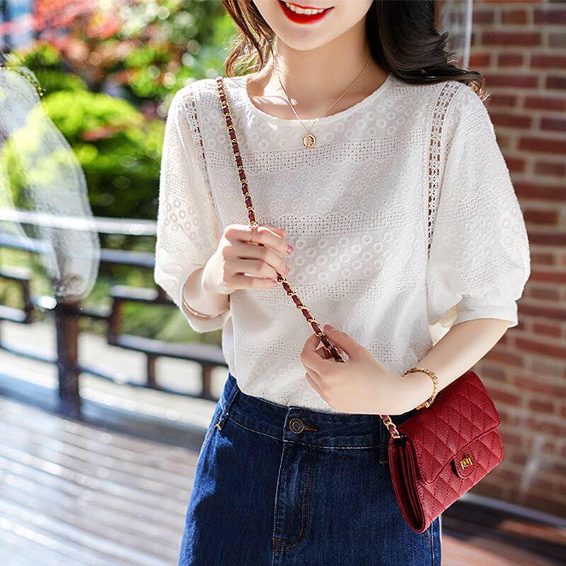Lantern Sleeve Loose Shirts Embroidery Cotton Lace O-neck Casual Blouse