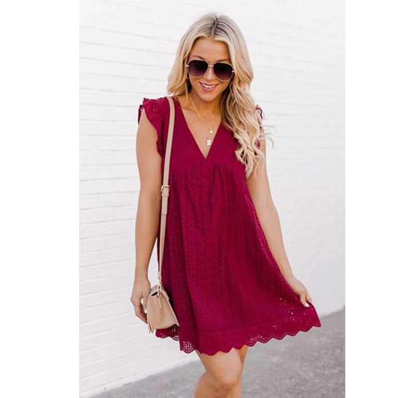 V-neck Summer Short Sleeve Lace Dress Hollow Casual Dress