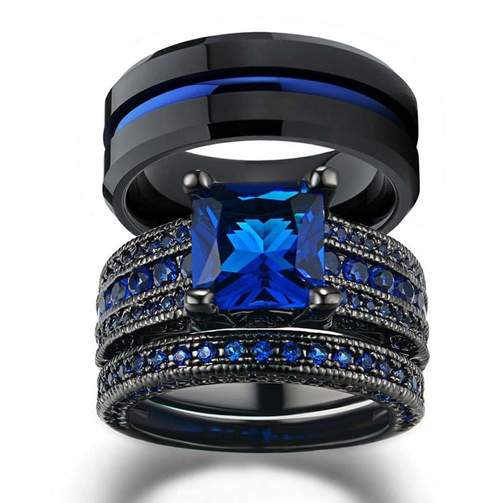 Charm Couple Romantic Blue Rhinestones Women Rings Set