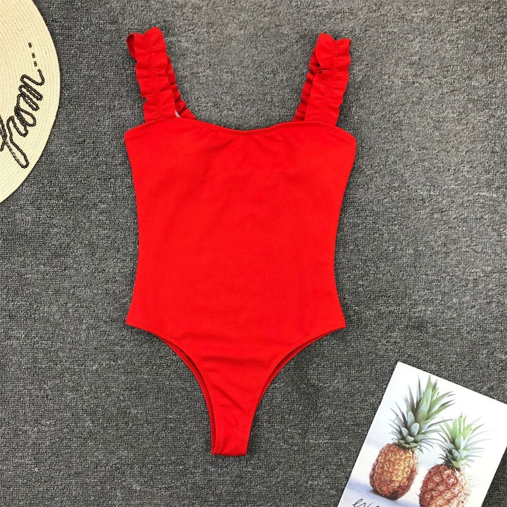 Vintage One Piece Ruffled Push Up Solid Red Swimwear