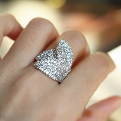 Big Silver Color Flower Leaf Adjustable Ring with Bling Zircon Stone