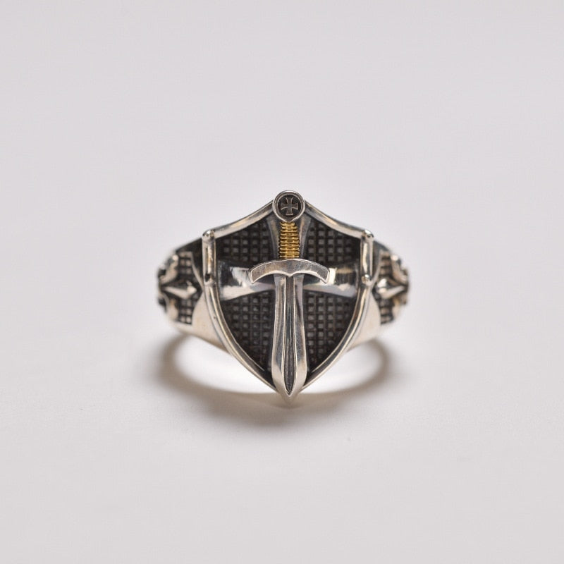 Excalibur Men's Medieval Templar Retro Shield Shape Resizable Ring