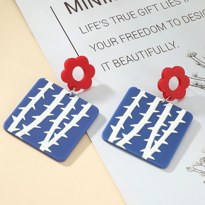Retro Acrylic Flower Temperament Contrast Color Square Earrings