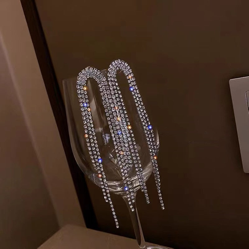 Luxury Rhinestone Crystal Long Tassel Drop Dangling Earrings