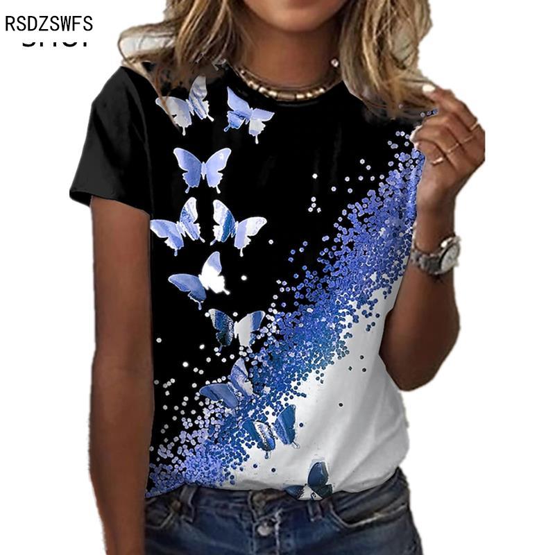 New Butterfly 3D Floral Print Round Neck Casual Lady T-shirt
