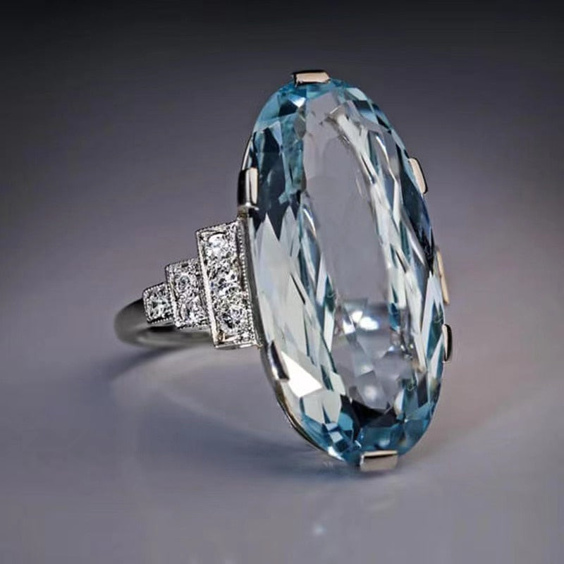 Classic Natural Blue Crystal Oval Ring for Women Simple Large Topaz Ring
