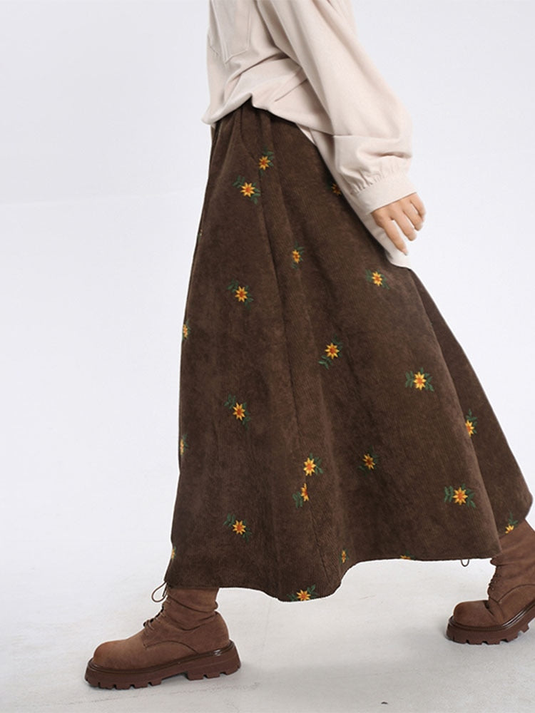 Korean Style High Waist Corduroy Embroidery Loose Floral A-line Long Skirt