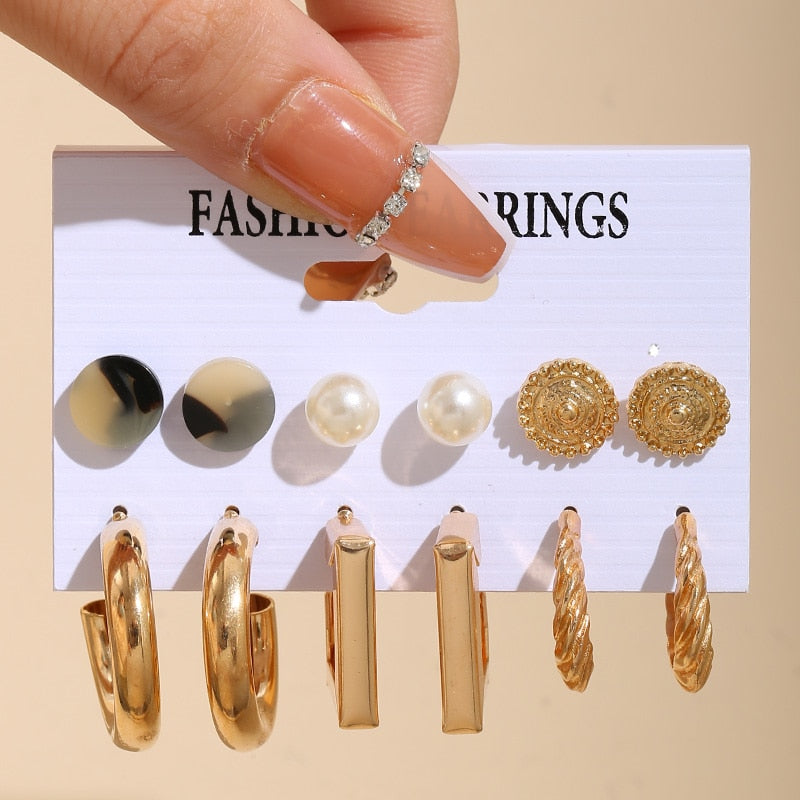 17KM Vintage Geometric Gold Plated Metal Earrings Set
