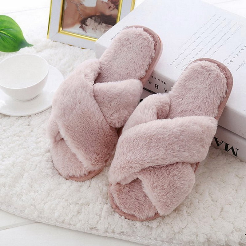 Furry Slippers Soft Plush Cross Faux Fur Shoes