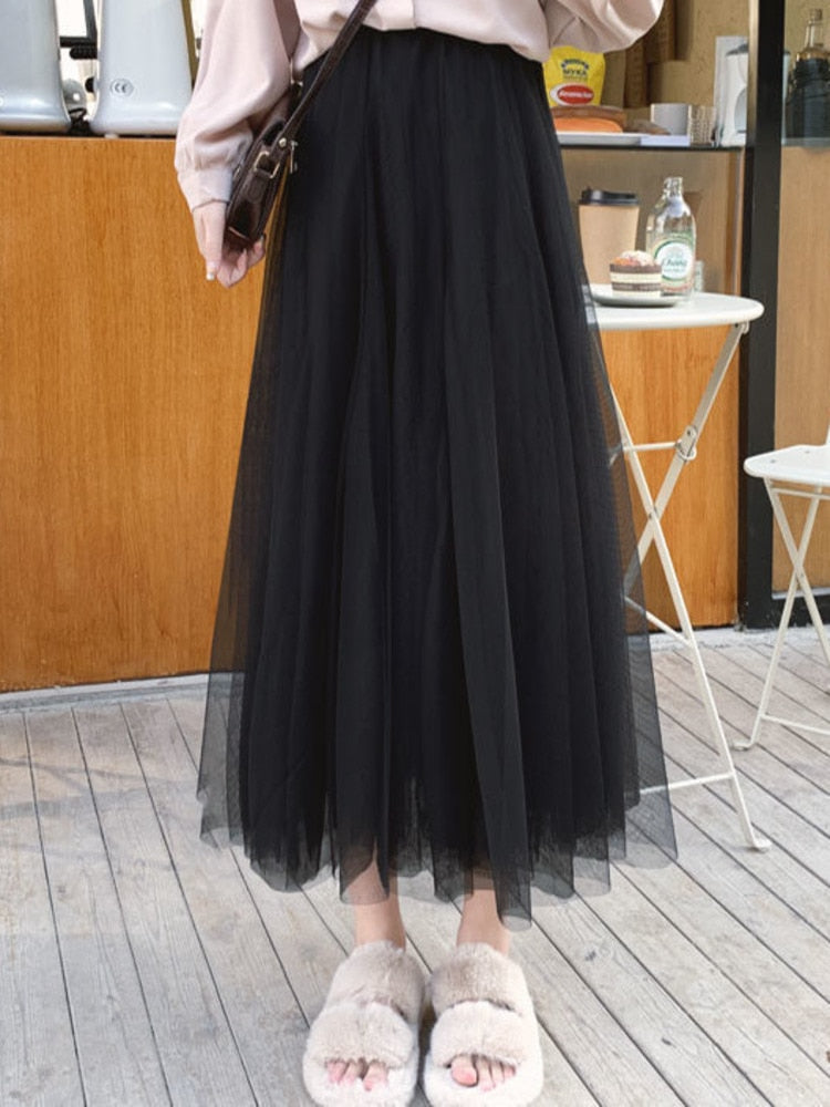 3 layers High Waist Pleated Long Skirt
