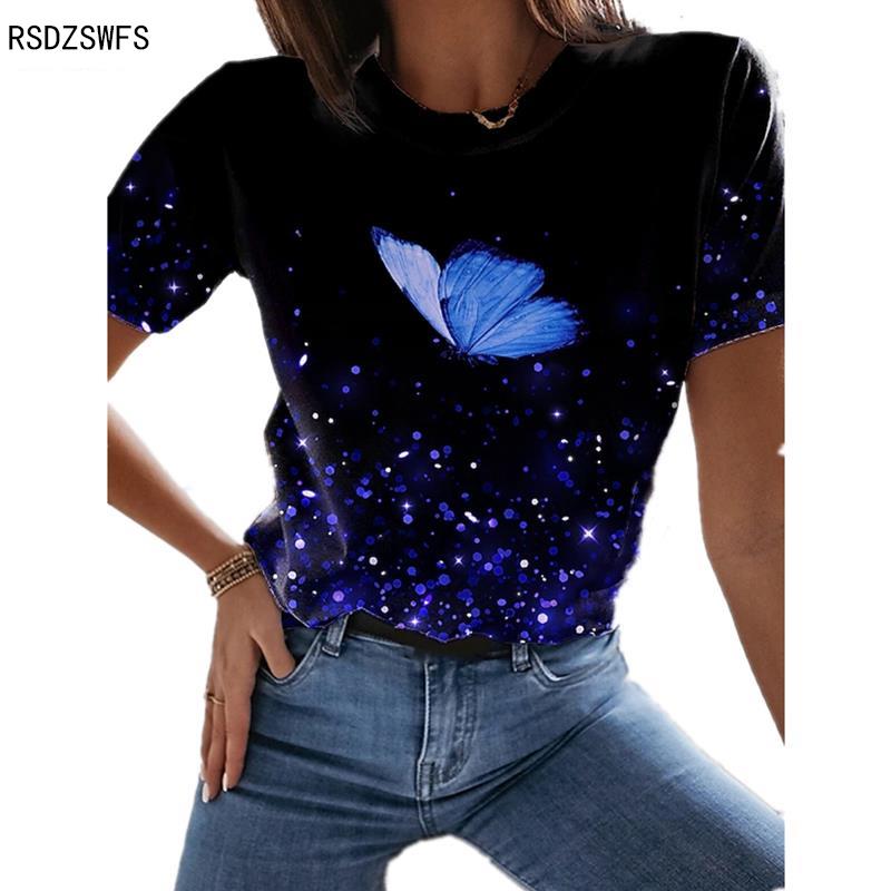 New Butterfly 3D Floral Print Round Neck Casual Lady T-shirt