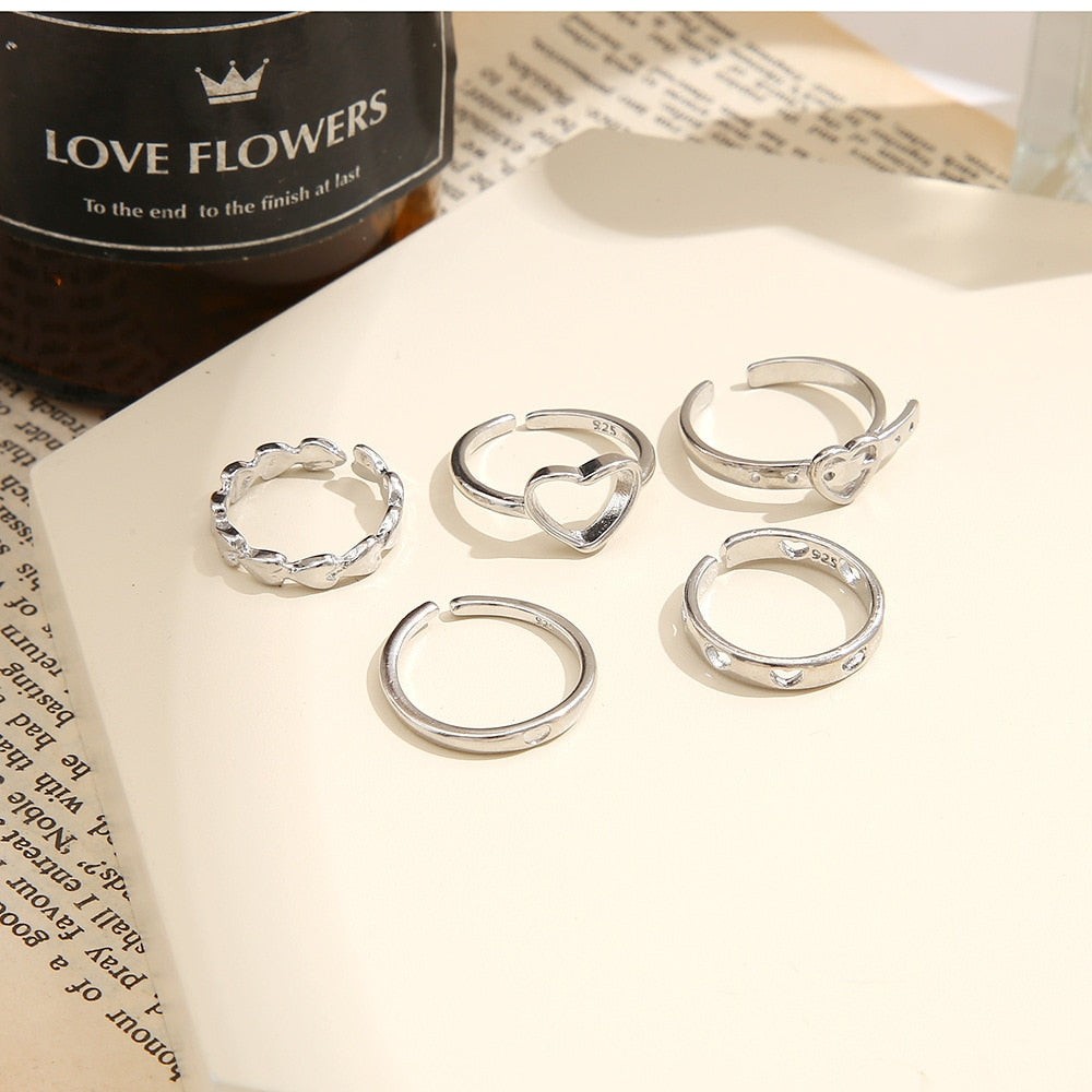 Hollow Heart Ring Set 5PCS Elegant Vintage Adjustable