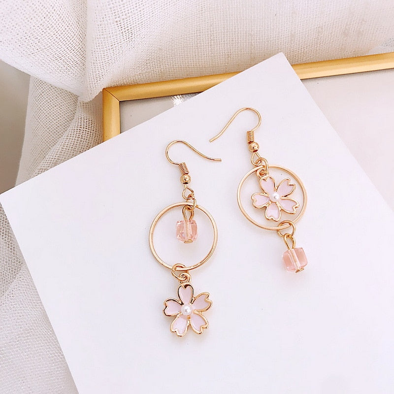 Animal Cat Cherry Blossoms Asymmetrical Earring Party Kitten Jewelry Gifts