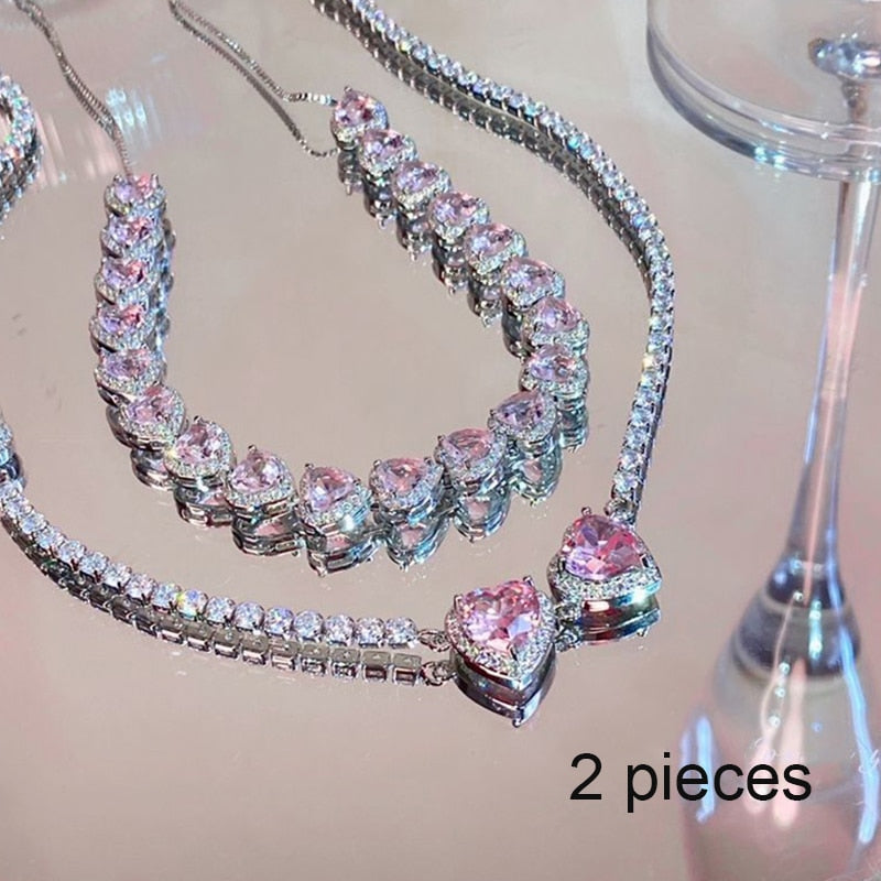 UILZ Sweet Pink Heart Zircon Choker Necklace