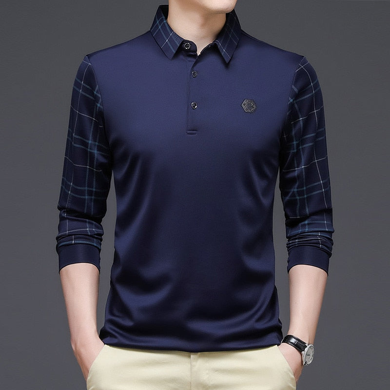 Ymwmhu Solid Polo Long Sleeve Casual Fit Slim Man Shirt
