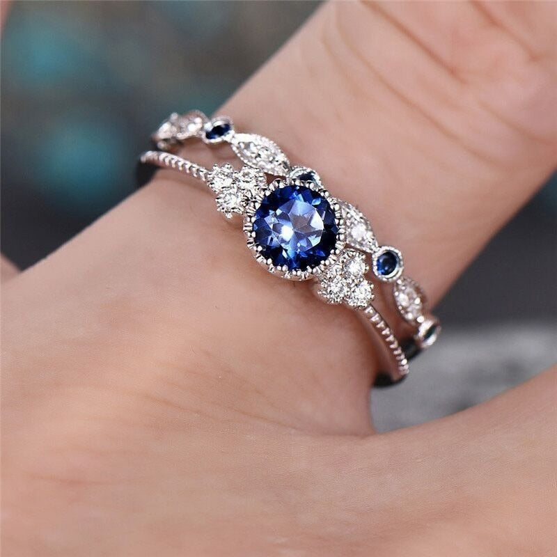 2Pcs/Set Classic Silver Plated Cut Created Birthstone Delicate Ring