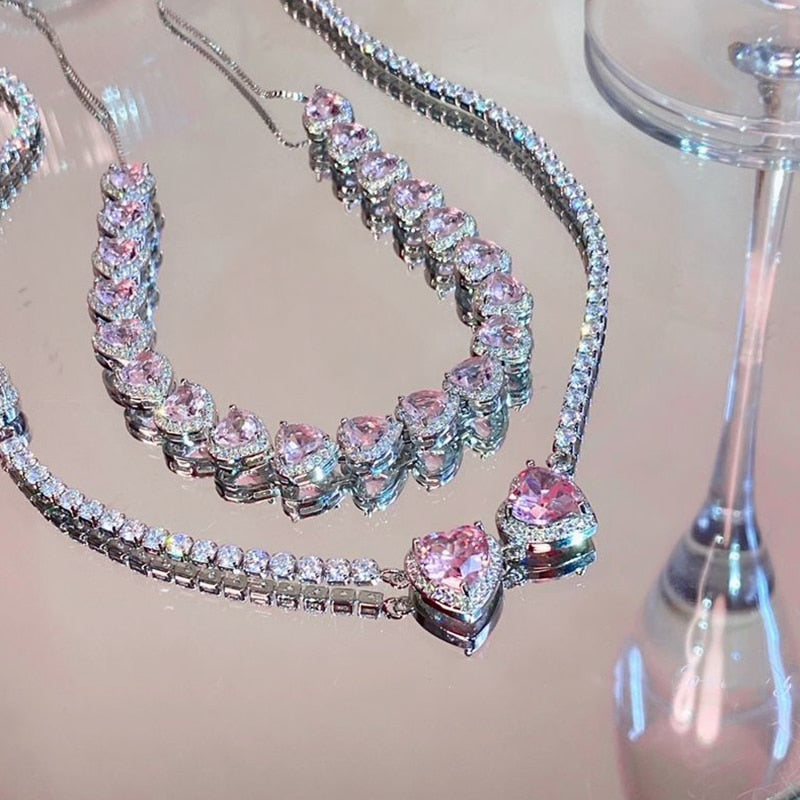 UILZ Sweet Pink Heart Zircon Choker Necklace
